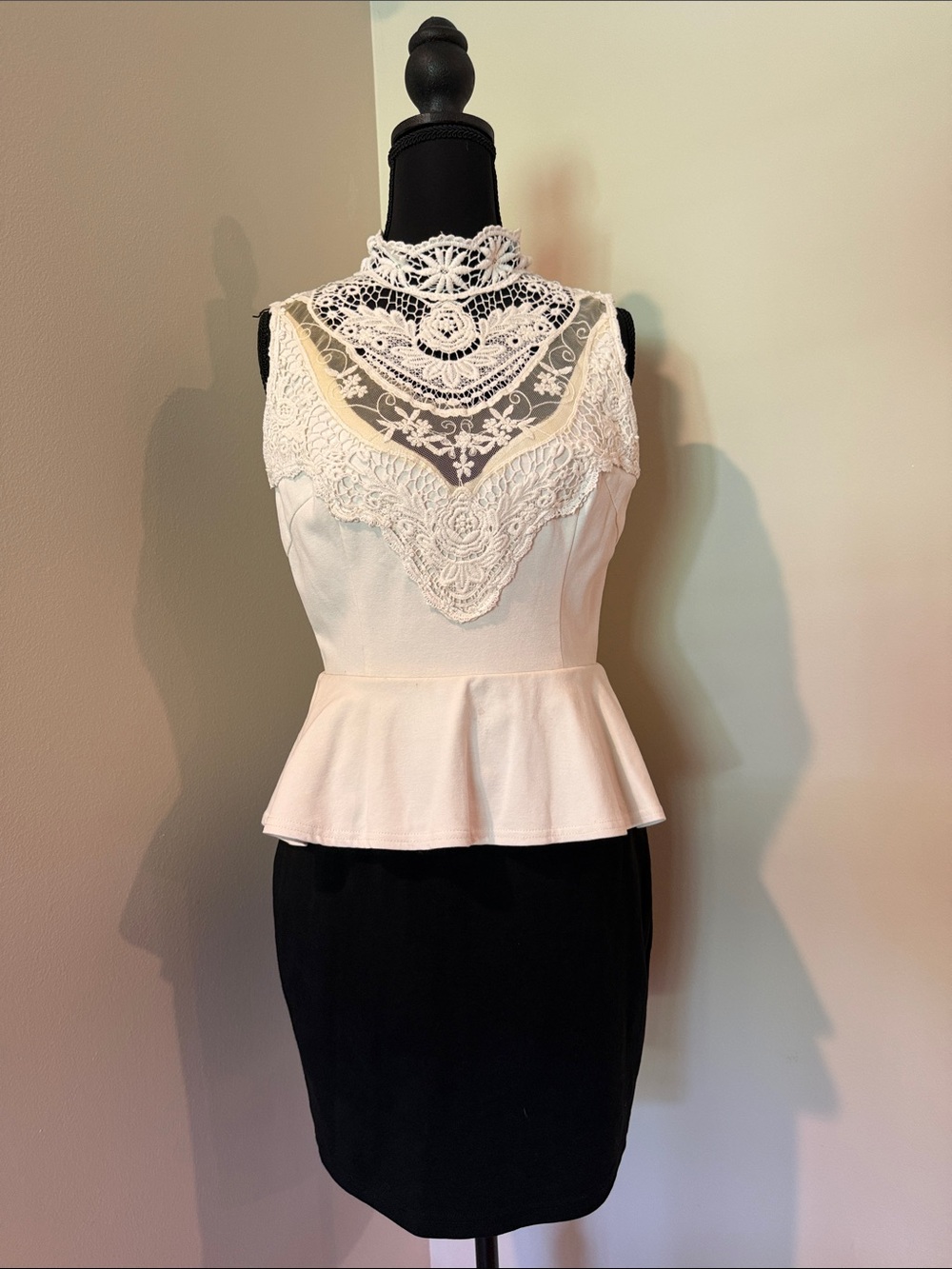 Ark & Co Ivory Lace High Neck Peplum Mini Dress with Black Skirt